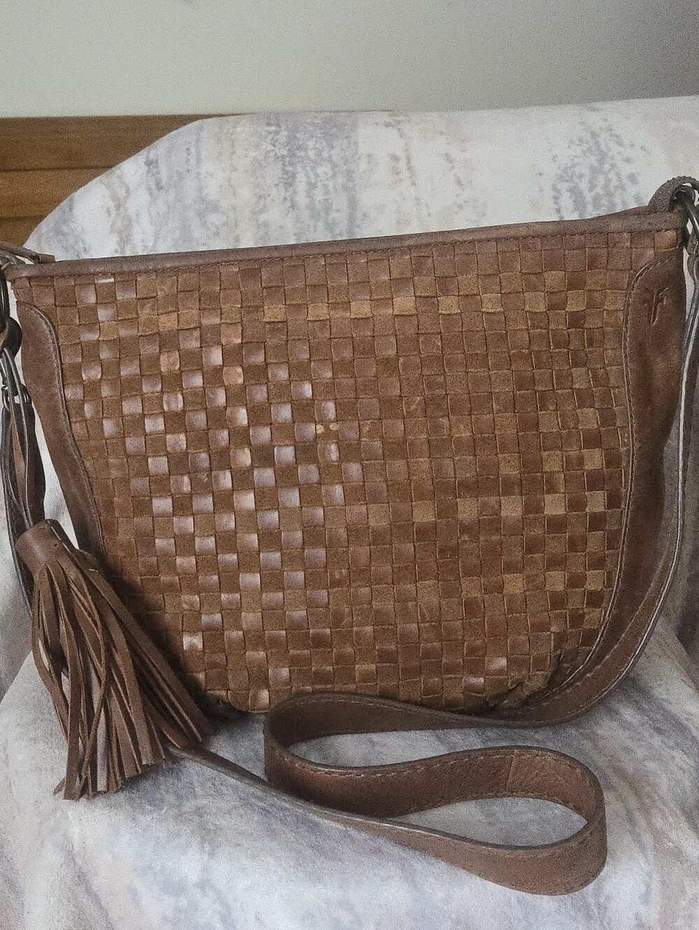 Frye Woven Leather Shoulder Bag in Chestnut Brown with Tassel
